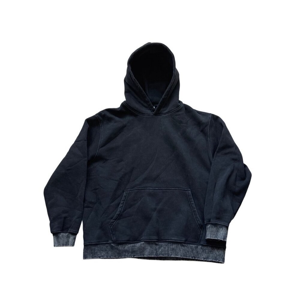 Distressed Black Cotton Blend Pullover Hoodie Medium Weight Urban Style